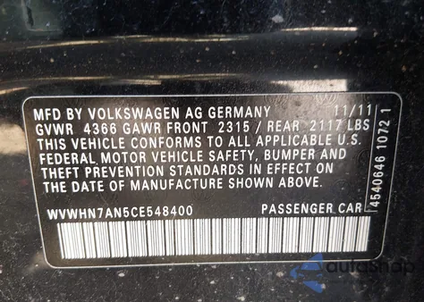 2012 Volkswagen Cc Lux Plus from USA, damaged, VIN WVWHN7AN5CE548400